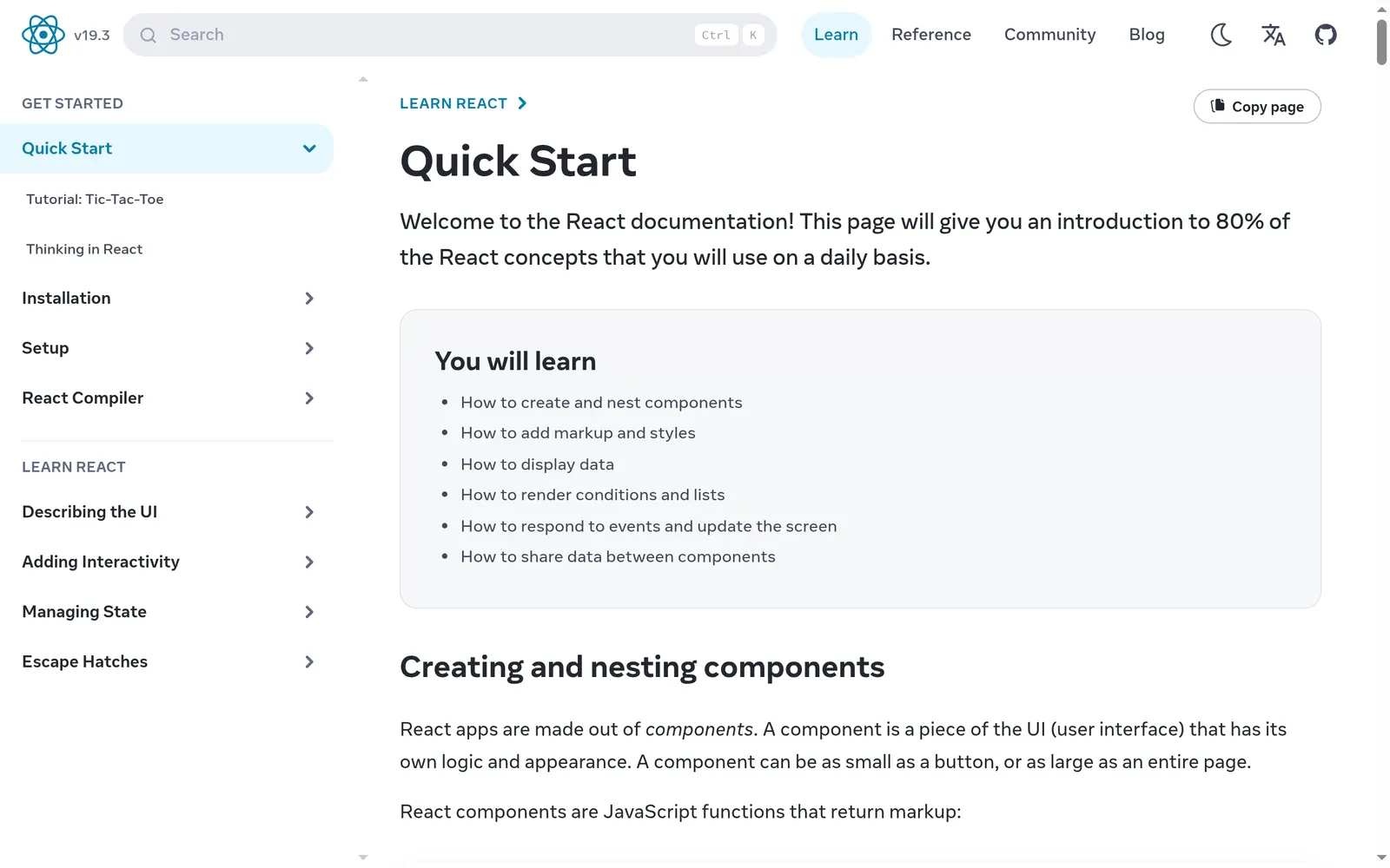 react.dev page open in the browser