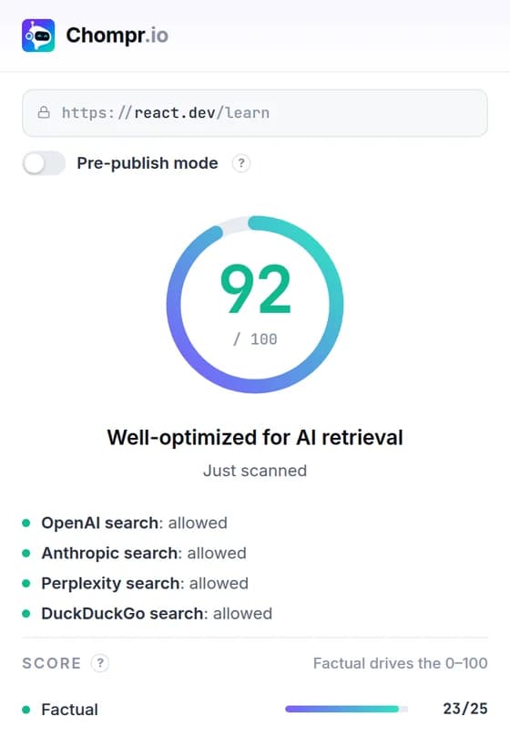 The Chompr.io extension scoring react.dev 92 out of 100, with crawler status and checklist